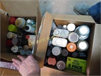 2 boxes garage shelf items, oil, spray paint, etc