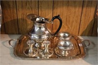 Silverplate tray, pitcher, candle holders etc.
