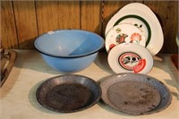 Graniteware bowl, plates, etc.