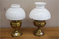 2 brass oil table lamps.  16", 17"