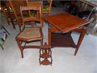 Old Game Table, Cane Chair, Corner Shelf