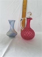 Ruby hobnail cruet & blue swirl vase