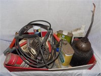 Flat of Miscellaneous Old Oil Cans, Jumper Cables