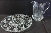 Cut glass pitcher and serving platter