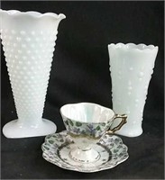 2 hobnail Milk glass vases & cup & saucer