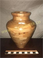 Hand turned multi wood 14" urn w/ lid