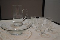 Etched Crystal Pitcher, Glasses, Bowl