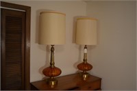 Pair of Amber & Brass Lamps w/ Shades