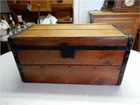 Old Wooden Trunk With Metal Bands - No Tray