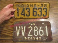 1939 & 1954 indiana license plates (1 each)