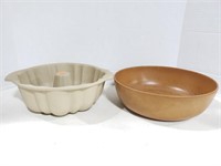 Stoneware bundt pan & agatized wood bowl