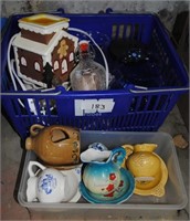 basket of glassware, vases, mini washbowl/pitchers