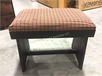 19” tall wooden bench with plaid cushion top