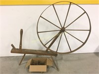 Antique wooden spinning wheel with parts