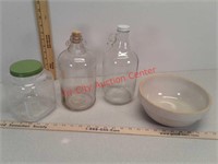 2 glass jugs, square glass jar and crock bowl