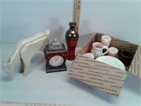 Various home decor items, clock, vase, mugs and