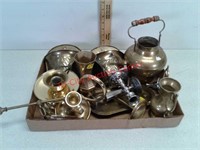 Lots of various brass items candle holders kettle