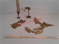 Brass items - butterflies, leaves, crane and vase