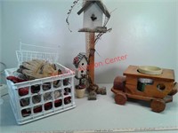 Bird house deco, wood planter with ceramic bowls