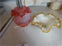 Pink glass hobnail fluted dish 5" x 5" & white