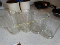 4 Glass mugs "K" etched 5.5"h