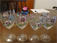 4 Floral wine glasses 7"