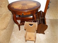 Side table with drawer has damage, magazine rack,