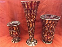 3 Red Glass Mosaic Vases