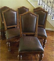 Six Wooden Chairs with Leather Upholstery