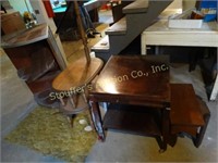 Assorted wood furniture pieces, wood stool, plant
