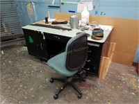 Desk, chair, workbench, trash bins, chair, paint