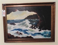 Lot # 1057 Framed Oil of Ocean and Rocks signed