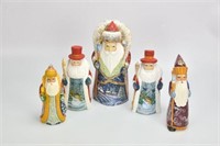 5 Russian Carved & Painted Wood Santa Figures