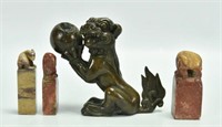 Chinese Bronze Foo Dog & Soapstone Wax Seals