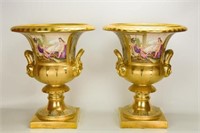 Pr. of Large Gilded KPM Style Porcelain Urns