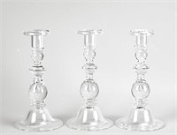 Three (3) Steuben Teardrop Glass Candlesticks