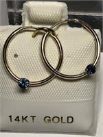 14KT Gold Sapphire(0.15ct) Hoop Earrings, Made in