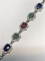 Sterling Silver Emerald Ruby & Sapphire Bracelet.