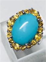 Sterling Silver Turquoise and Citrine Ring. Approx