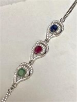 Sterling Silver Emerald Ruby & Sapphire Bracelet.