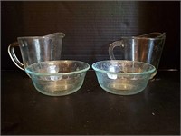 Two Anchor Hocking Measuring Cups and Pyrex Bowls