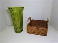 Large Green Glass Vase and Basket with Handles
