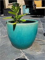 Teal Glazed Stone Plant Pot