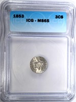1853 3-CENT SILVER, ICG MS-65