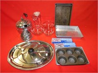 Metal pans, glass bowls, utensils etc