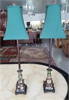 PAIR OF GREEN SHADE STICK LAMPS