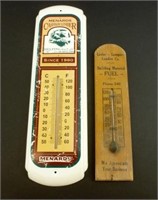 (2) Thermometers, (1) Vintage Wooden Lieden -