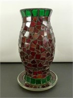 * 10" Tall Red, Orange & Green Mosaic Glass Candle
