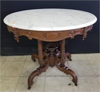 Ornate Oval Victorian Marble Top Walnut Table 29