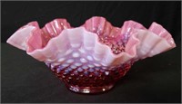 Pink hobnail ruffled edge bowl.  Possibly Fenton.